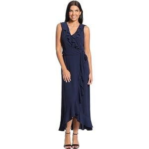 London Times Navy Ruffle Wrap Maxi Dress